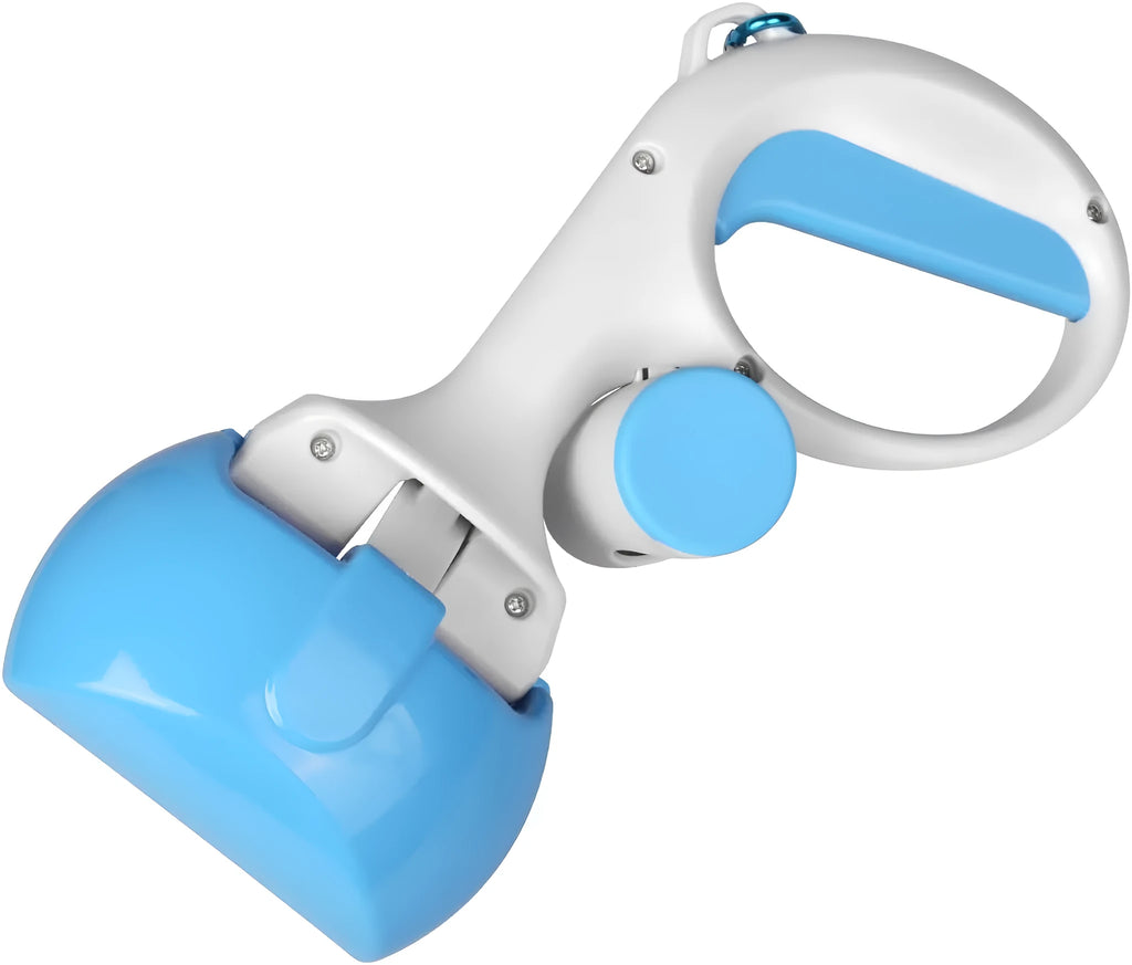 Black ABS plastic pet pooper scooper with built-in bag holder and top hanging hook.