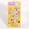 Sheet of cartoon-themed three-dimensional bubble stickers with raised surfaces on various designs like an alpaca, dinosaur, and bow tie cat.