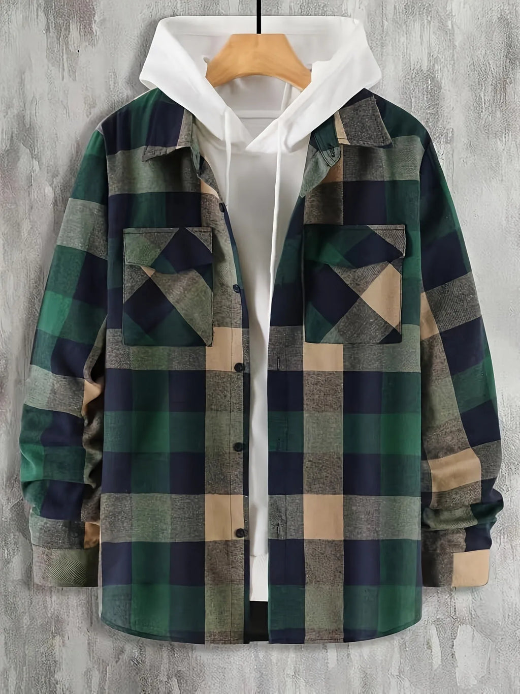 Dark green men's cotton plaid cardigan shirt with cardigan front, available in sizes S to XXL