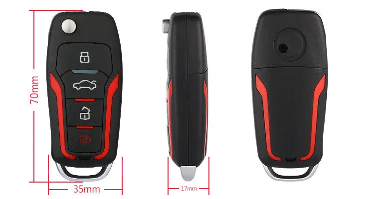 Red and frosted black one-way car alarm unit with two remote controls for 3000m vehicle security.