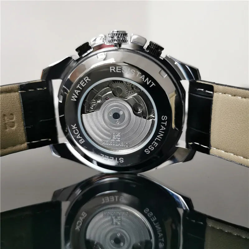 Men's automatic mechanical watch showing options for silver, black, and gold steel cases with white or black dials.