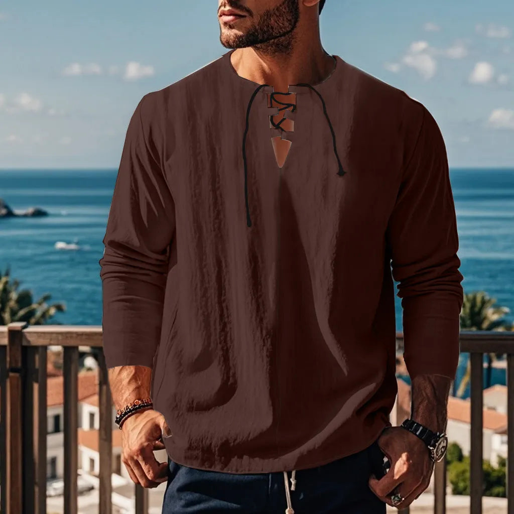 Solid colour cotton linen beach ruff shirt in a loose pullover style.