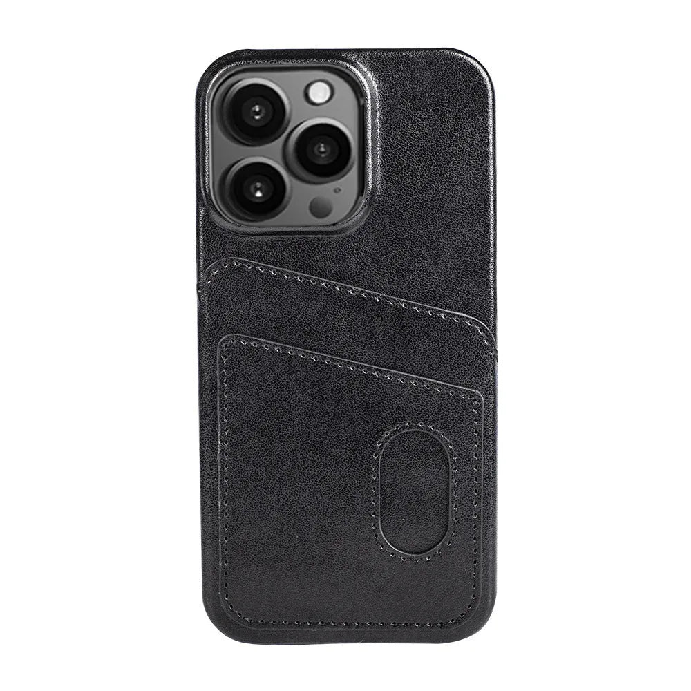 PU leather flip phone case in brown showing front cover with card slot, fits iPhone 13 series models