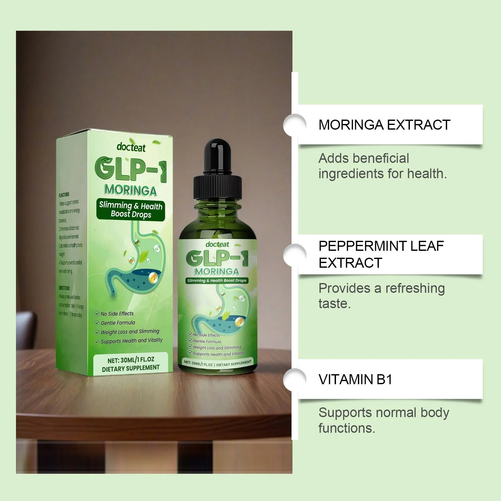 30ml glass droplet bottle of Vitamin B1 and TCM extract liquid body support supplement.