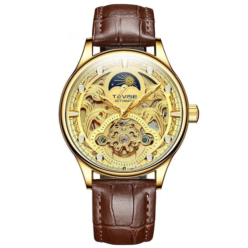 Men's gold leather automatic waterproof wristwatch showing business style and 16mm thickness.