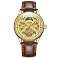 Men's gold leather automatic waterproof wristwatch showing business style and 16mm thickness.