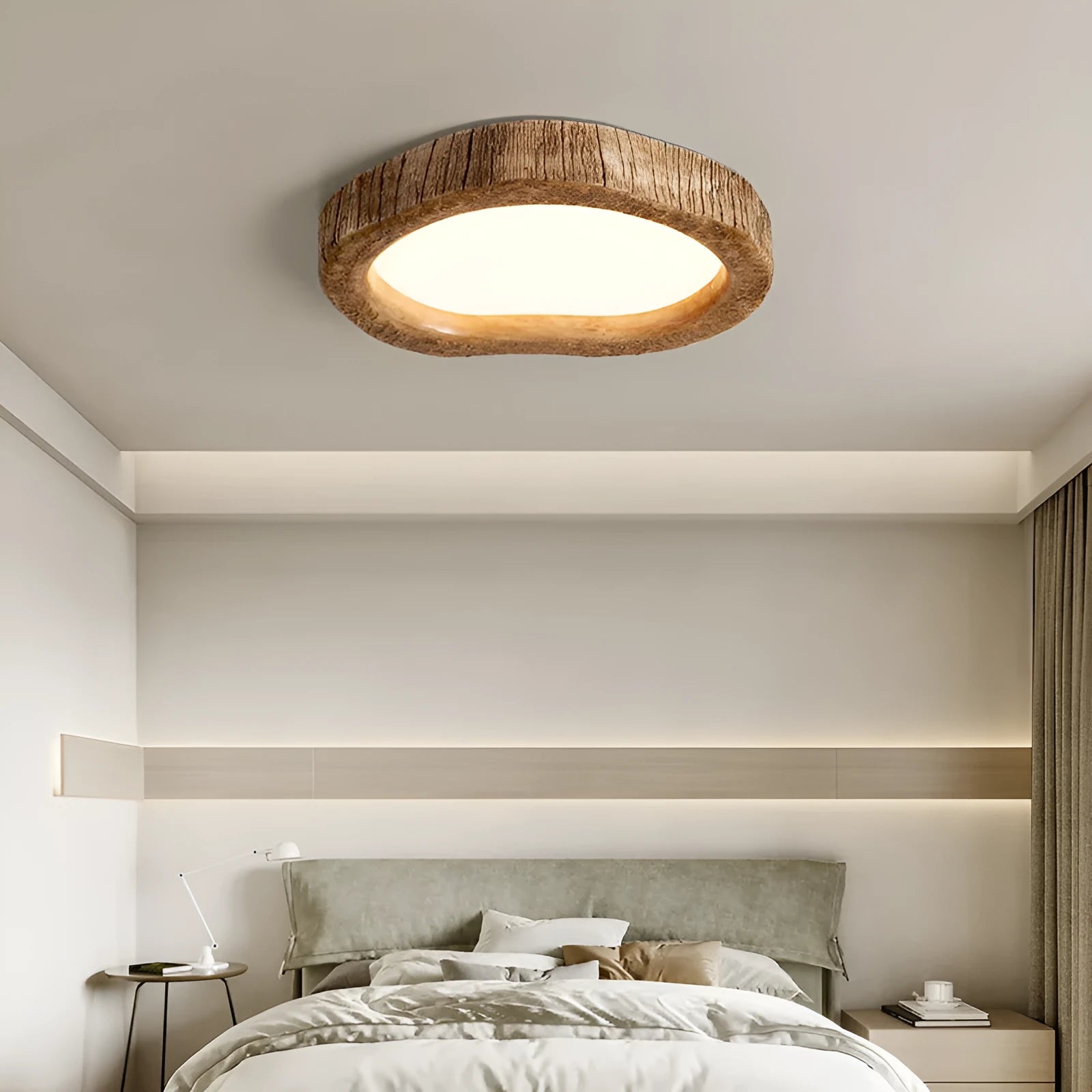 Round wood grain finish Chinese style ceiling lamp with integrated LED lights.