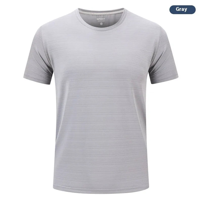 Crystal silk round neck quick-drying T-shirt in a solid colour on a hanger.