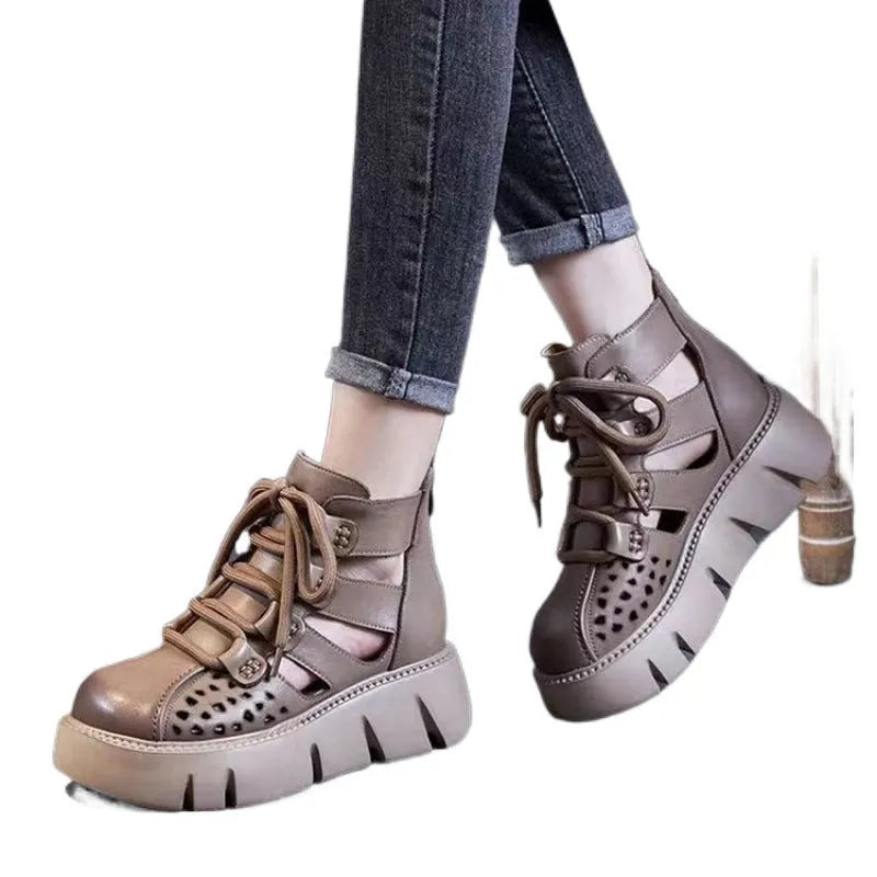 Women's platform sandals with hollow hole design in soft cowhide leather, showing fish mouth toe shape