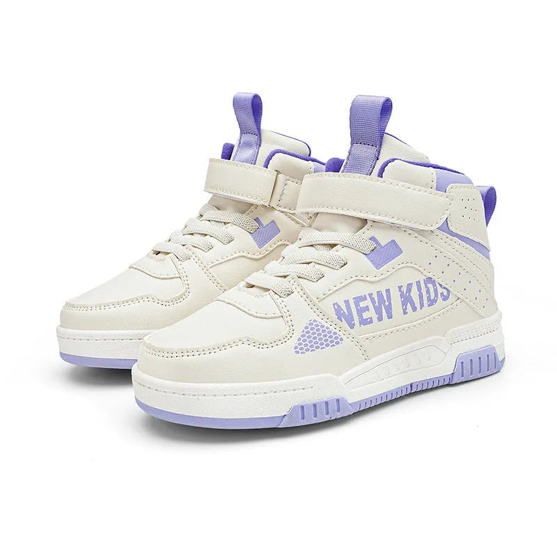 Children's coloured buckle sneakers with PU upper and rubber sole on a neutral background.