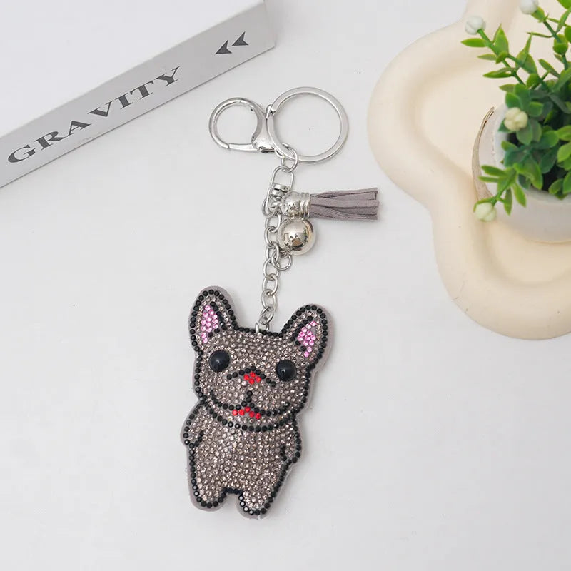 French Dog cartoon animal rhinestone keychain in electroplated colours, 5-7cm bag tassel pendant