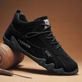 Men's grey low-cut casual shoes with elastic band and non-slip sole.