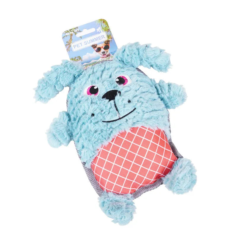 Blue, green, and pink dog toys with sound features and bite-resistant construction safe for molar teeth.