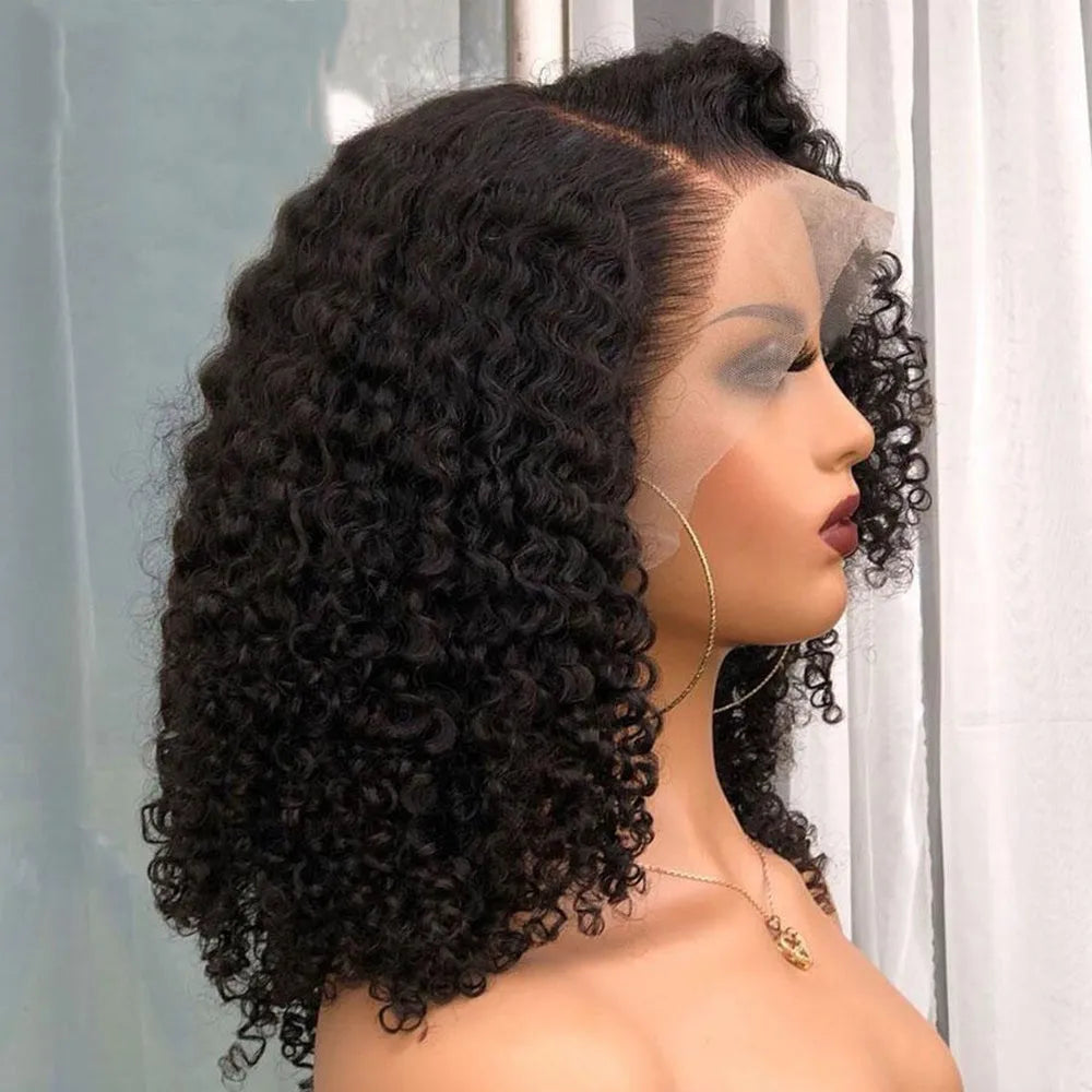 Short Brazilian human hair curly bob wig with lace front, 10A quality, natural black colour