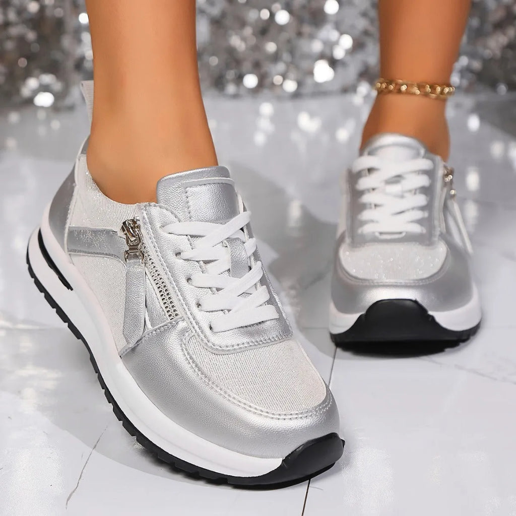 Women's flat bottom round toe lace-up pumps in gold, silver, black, and brown colours