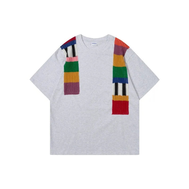 Loose fit cotton t-shirt with colour contrast patchwork and letter pattern design.