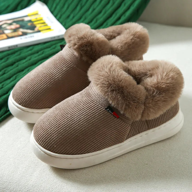 Plush corduroy house slippers for men and women with warm fleece lining and PVC sole, in Coffee, Grey, Pink, or Purple