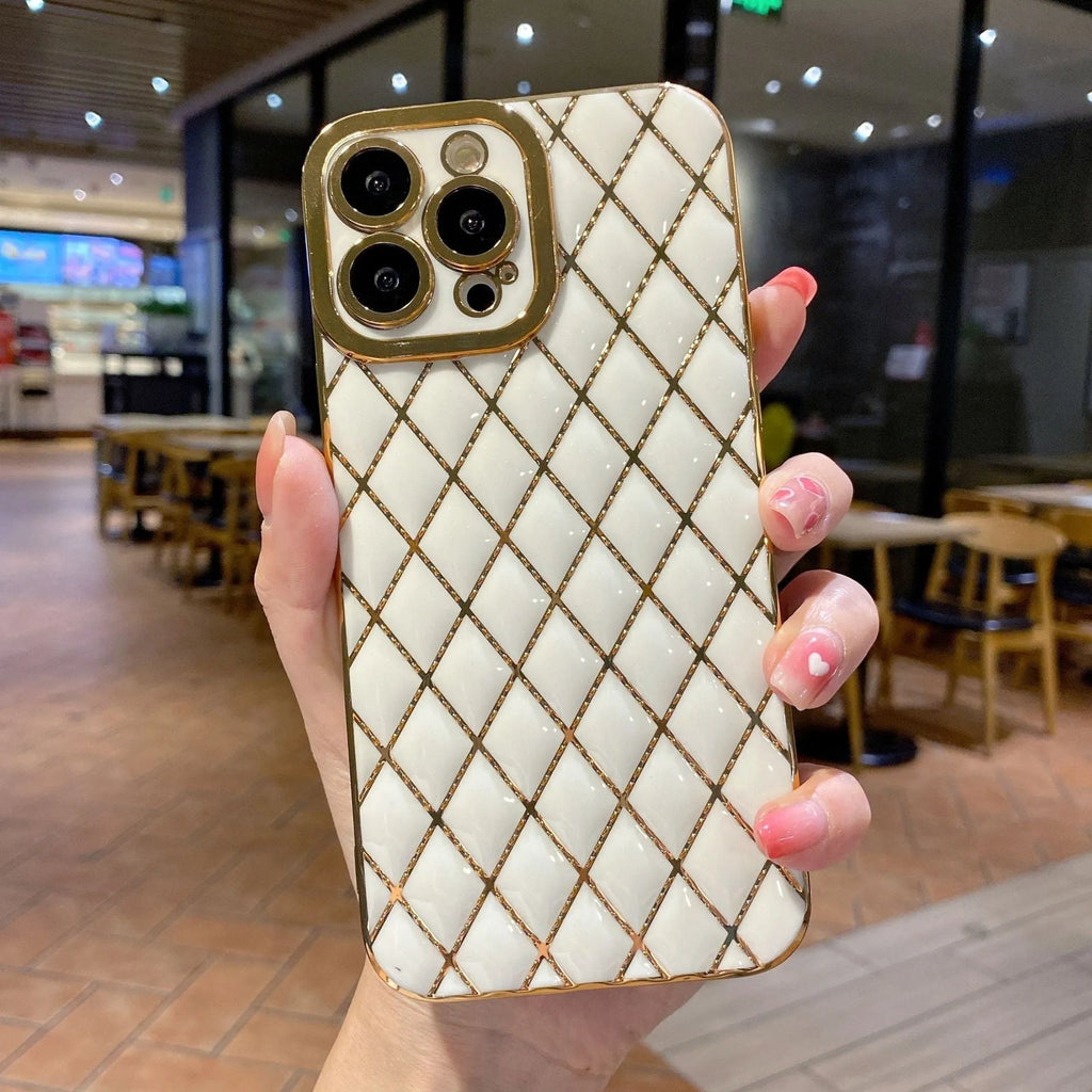 Electroplated 6D diamond TPU iPhone back cover in black, angled view with reflective pattern
