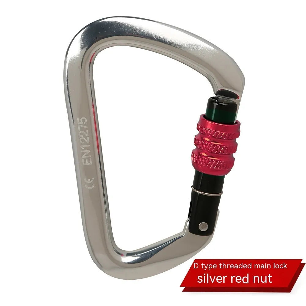 D-shaped rock climbing carabiner with automatic gate shown in orange, alongside a threaded gate version in black.