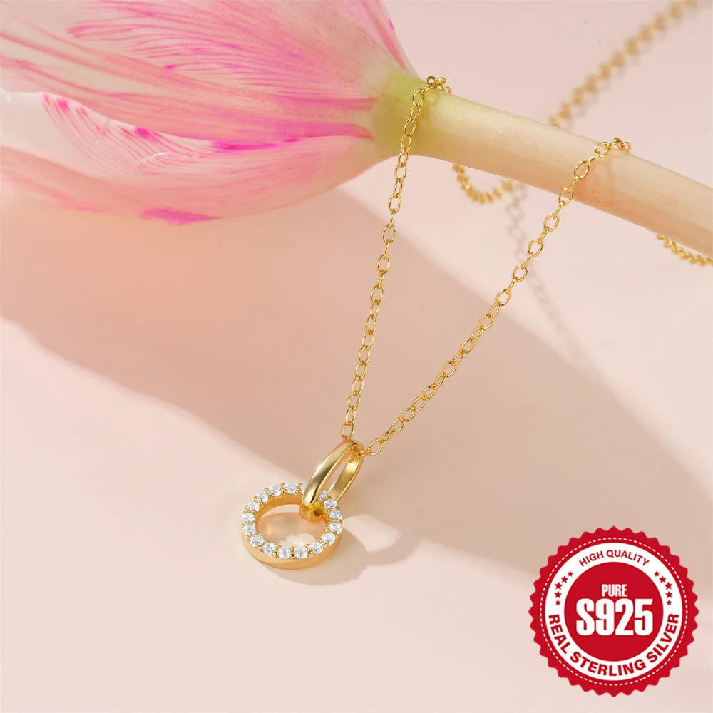 S925 sterling silver adjustable clavicle chain necklace with geometric zircon pendant in gold colour