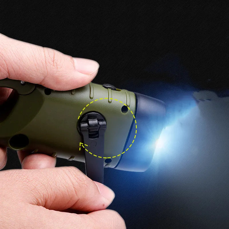 Olive green hand-crank solar LED flashlight with USB charging port on a compact black body.