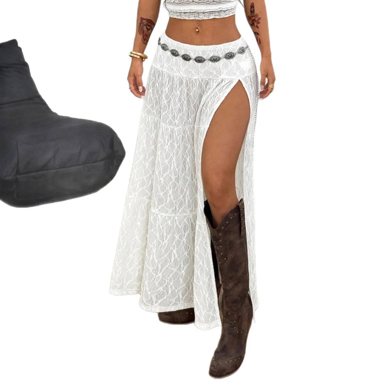 White women's A-line skirt with lace side seam and jacquard texture for beach or street fashion