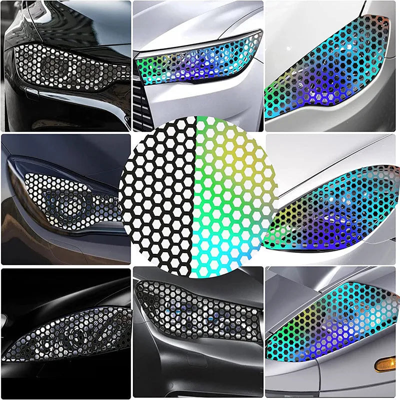 Ten honeycomb-patterned car taillight stickers in three colour options on 48cm by 30cm vinyl sheets