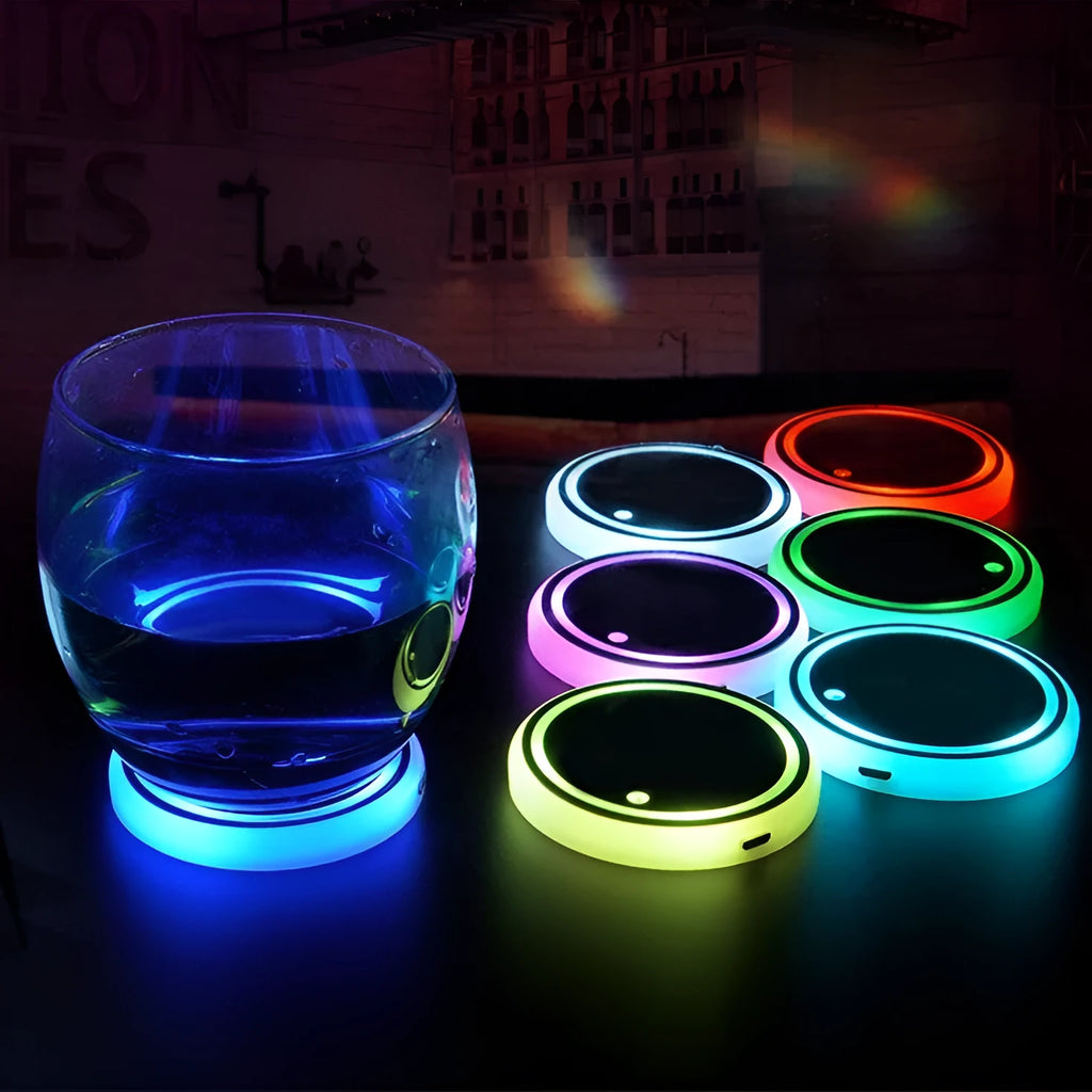 Colourful LED light-up cup coaster for car with USB cable.