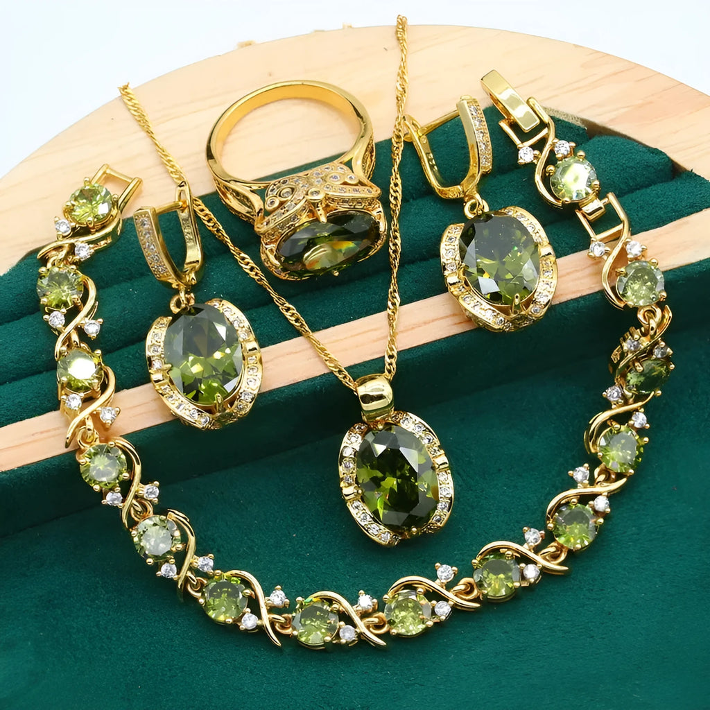 Women's rhinestone zircon jewellery suit with snake bones chain showing necklace, earrings, and ring in electroplated copper