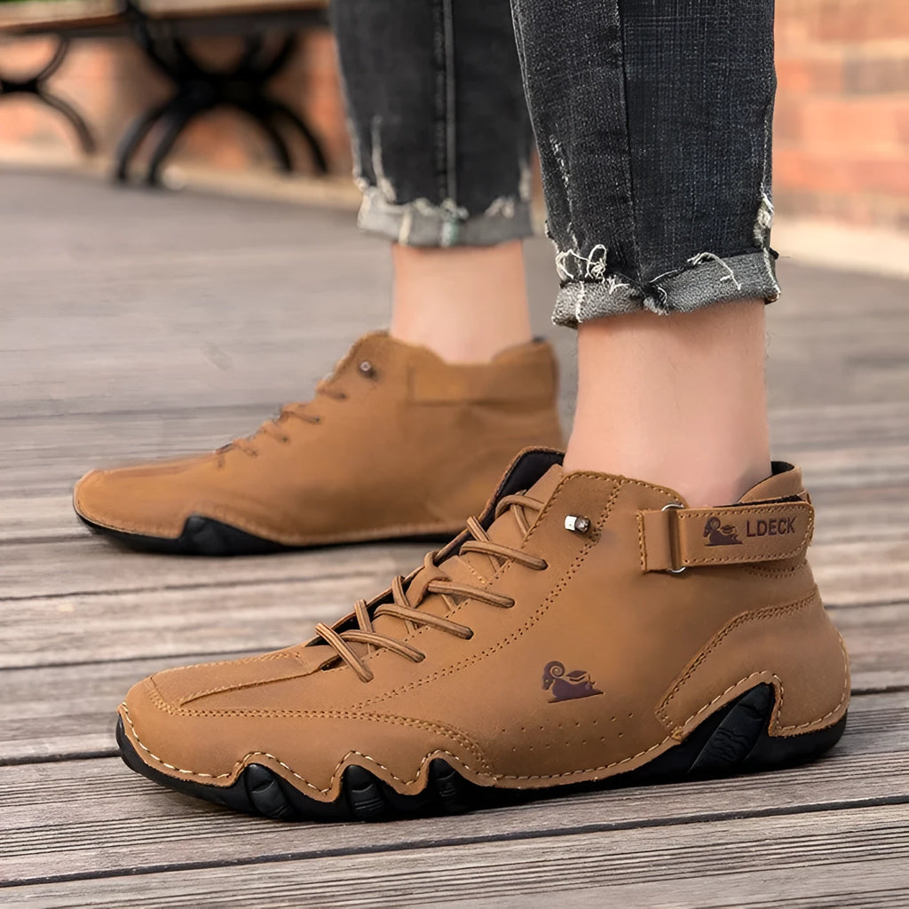 Men's khaki high top octopus shoes with a rubber sole and microfiber upper