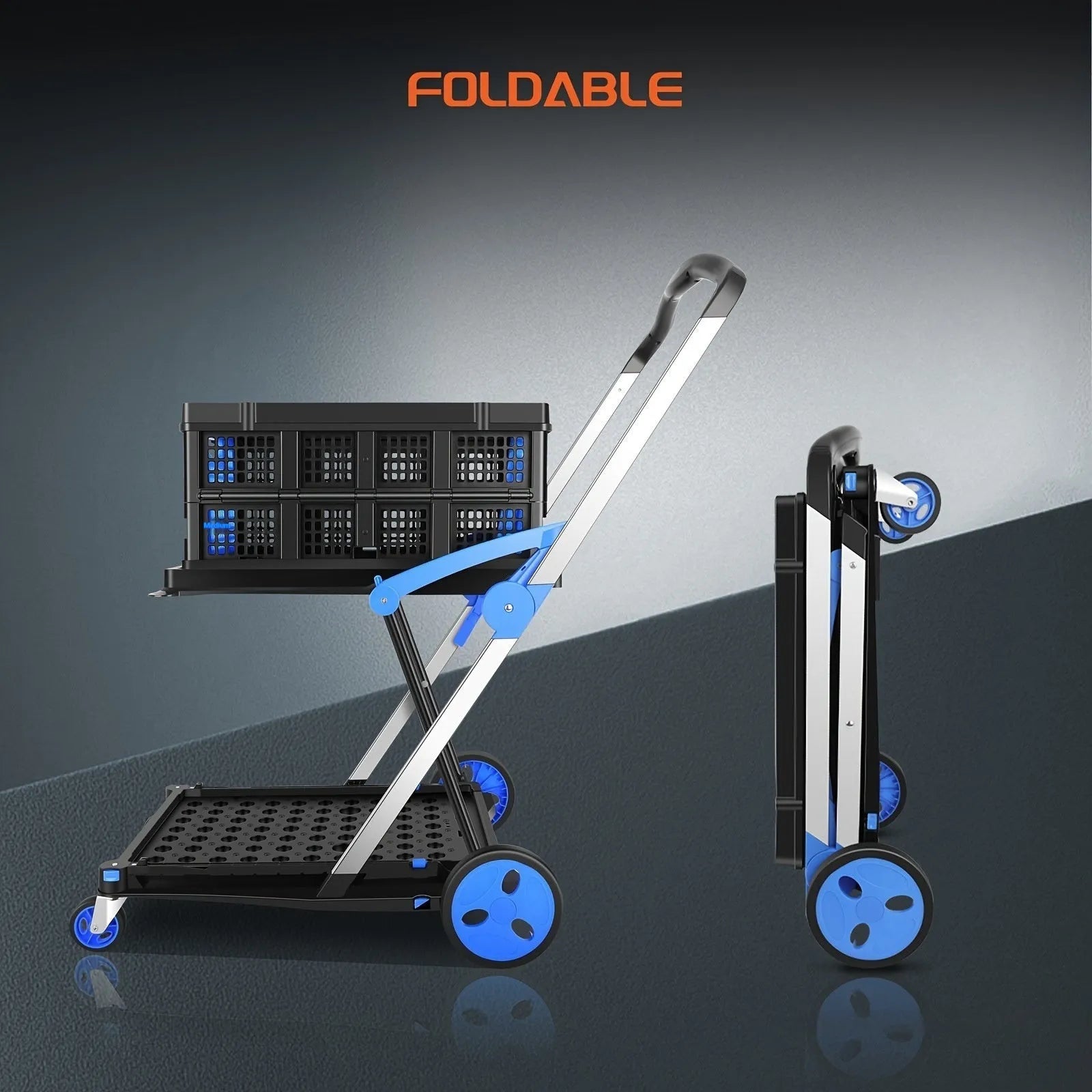 Blue foldable shopping trolley with double plastic baskets and wheels, shown with handle extended.