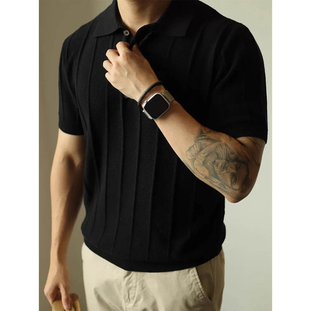 Men's solid colour loose fit polyester t-shirt on a hanger, shown in black and white.