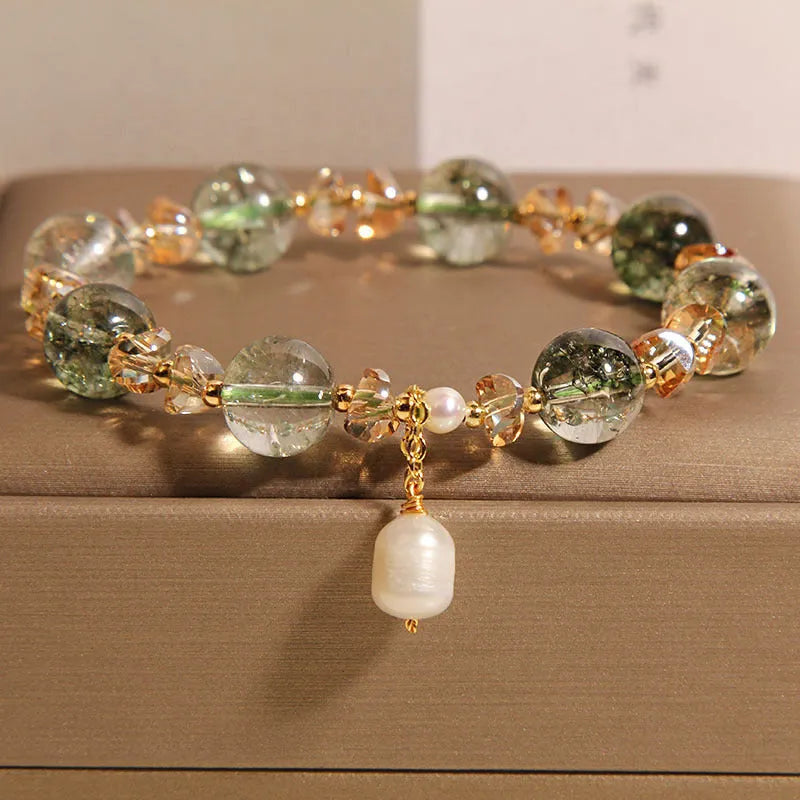 Green phantom quartz crystal bracelet with champagne small gravel crystals in Japanese Korean style