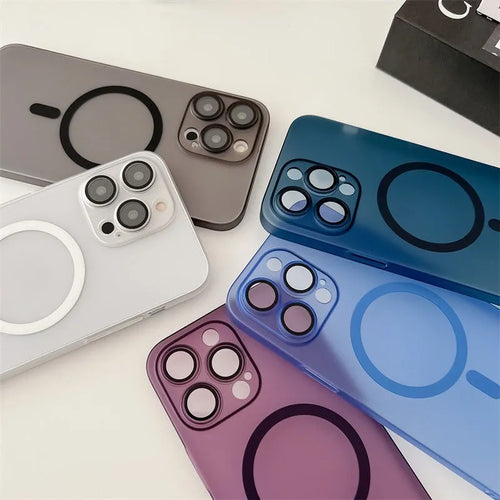 Ice Mist coloured magnetic frosted all-inclusive case for Apple iPhone on a table.