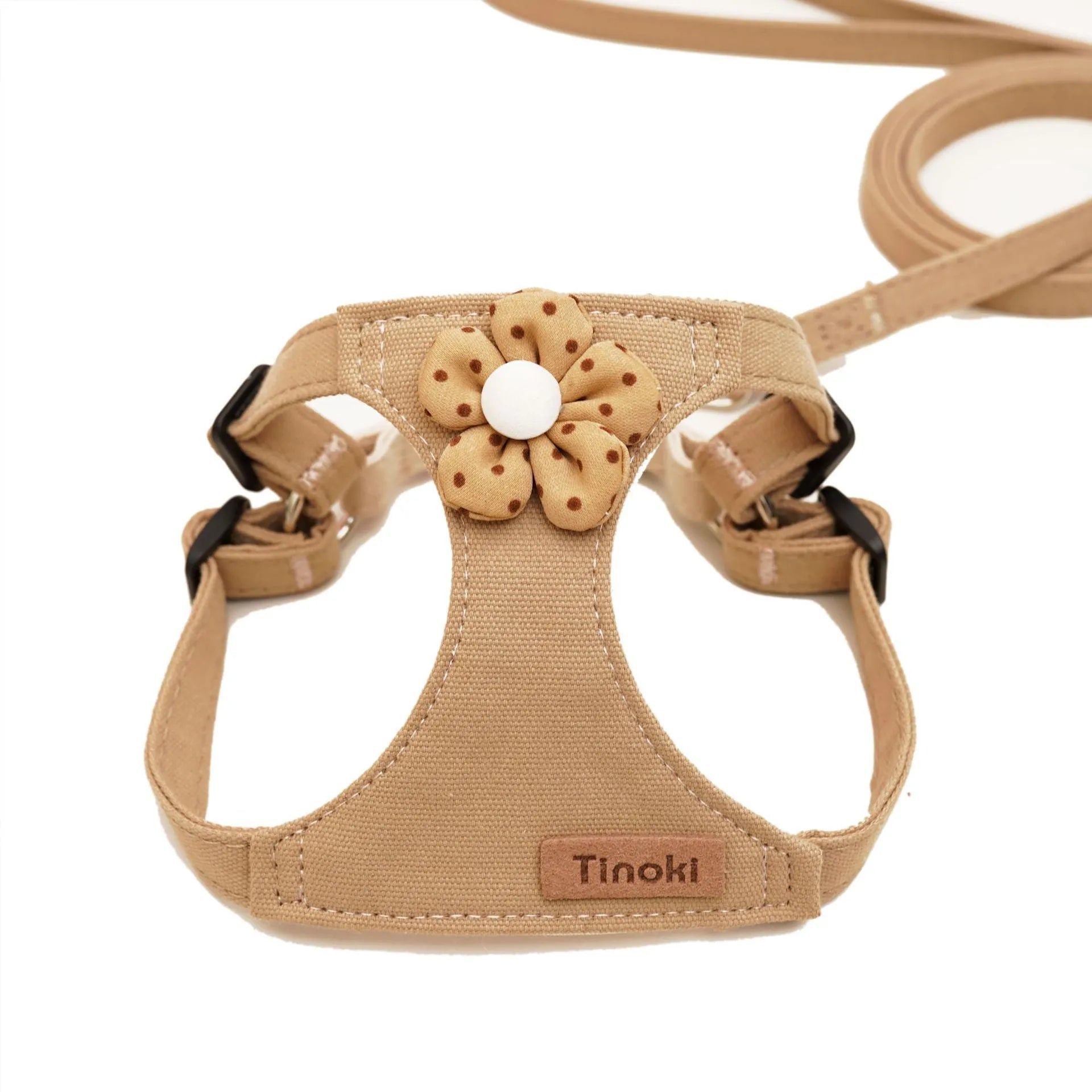 Dog hand holding rope vest small dog chest harness set in beige dots flowers with traction rope