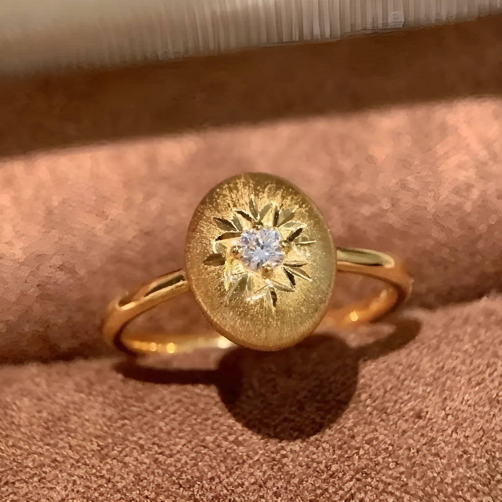 Vintage French retro adjustable copper ring with carved snowflake and star motif in gold colour