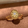 Vintage French retro adjustable copper ring with carved snowflake and star motif in gold colour