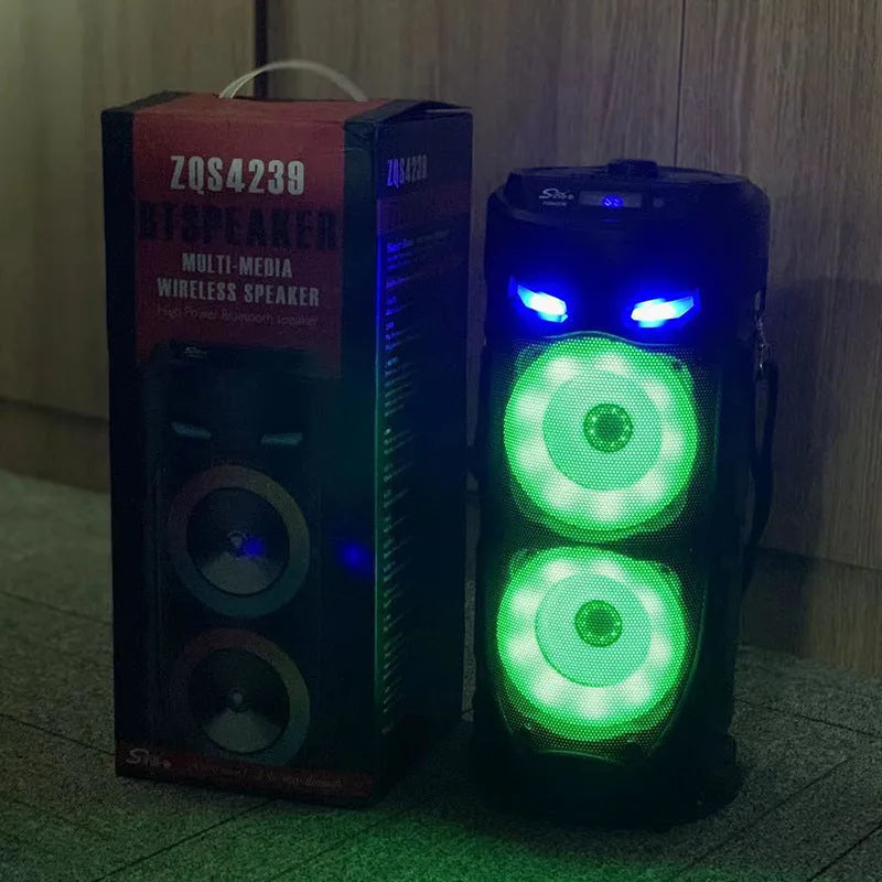 Black portable Bluetooth speaker with dual horn cannon design and USB port