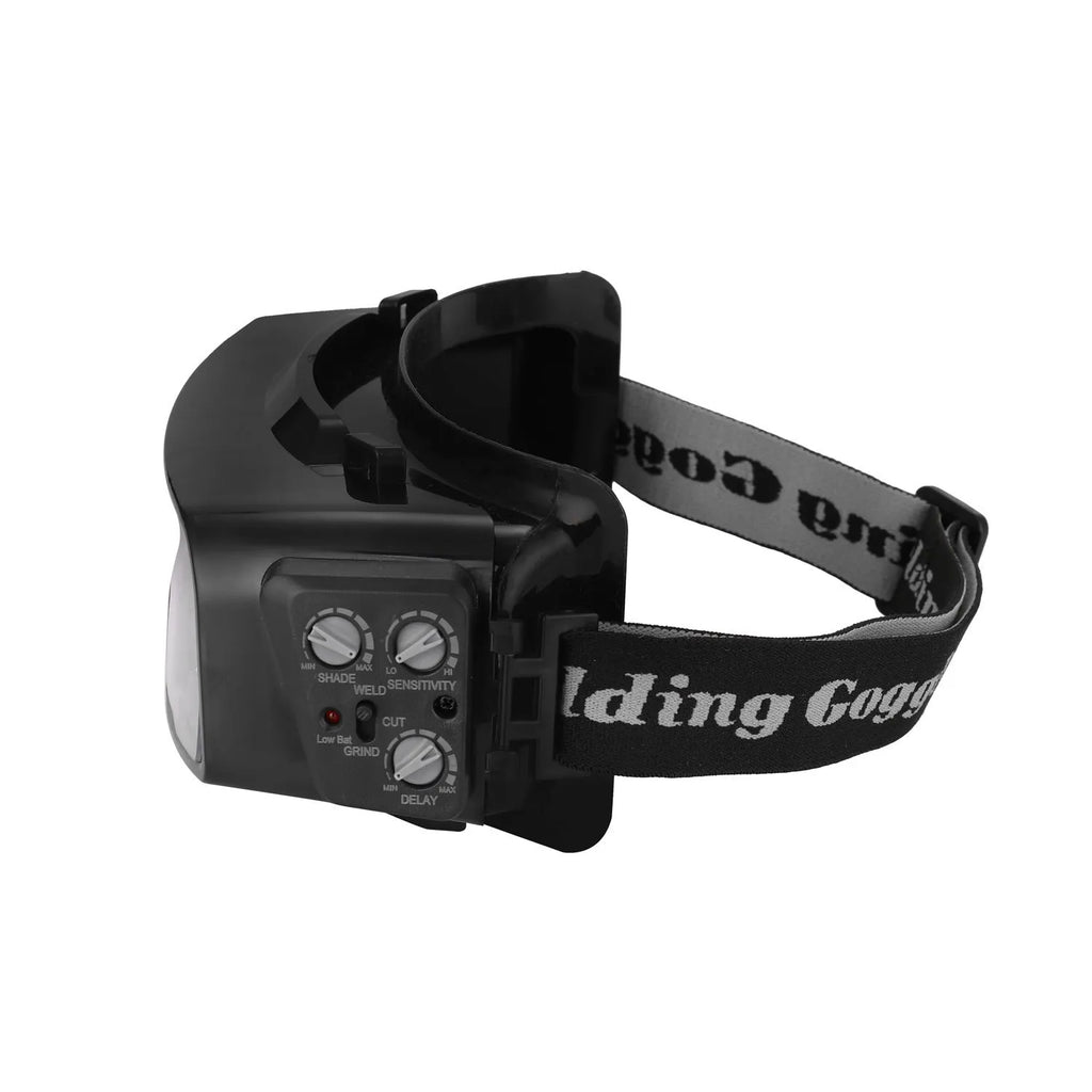 Black automatic darkening welding mask and glasses with a large rectangular viewing lens.