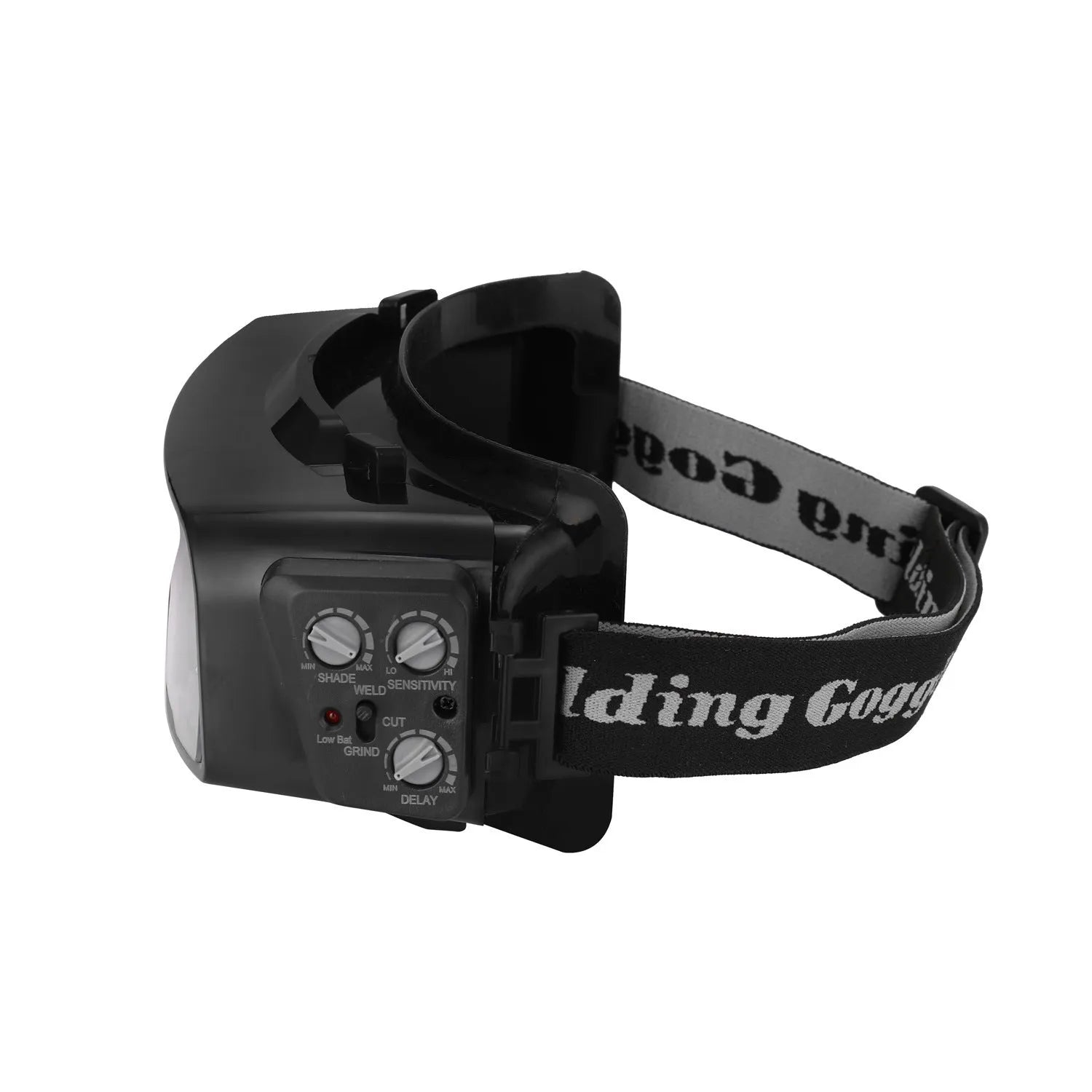 Black automatic darkening welding mask and glasses with a large rectangular viewing lens.