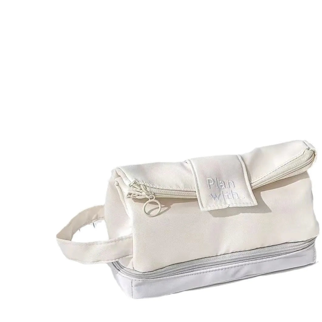Fashion student pencil case in beige, blue, and navy blue, showing double layer open design.