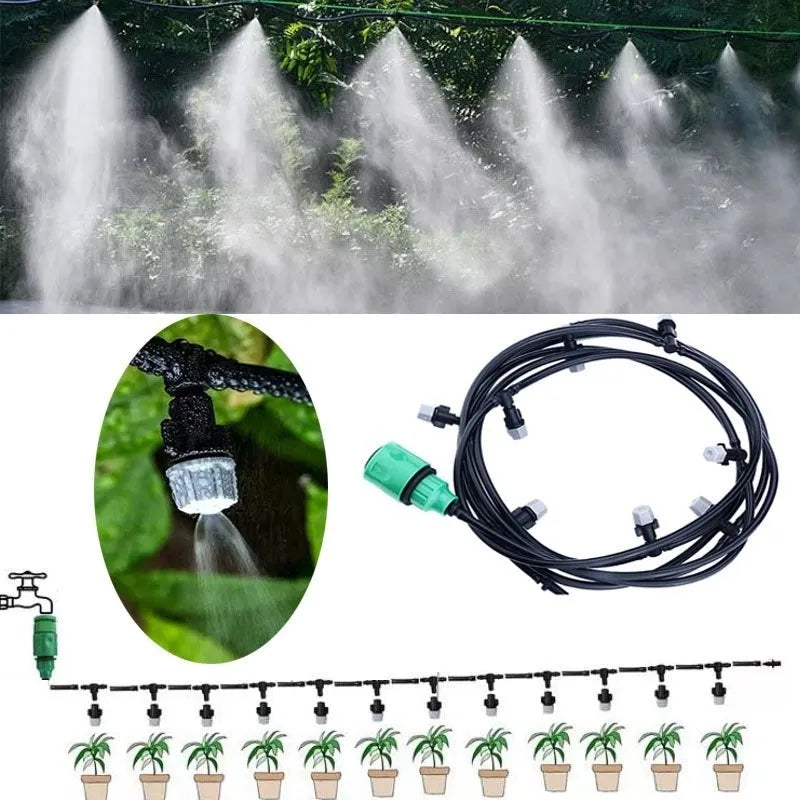 10 metre long garden misting hose with 10 spray nozzles for irrigation and cooling