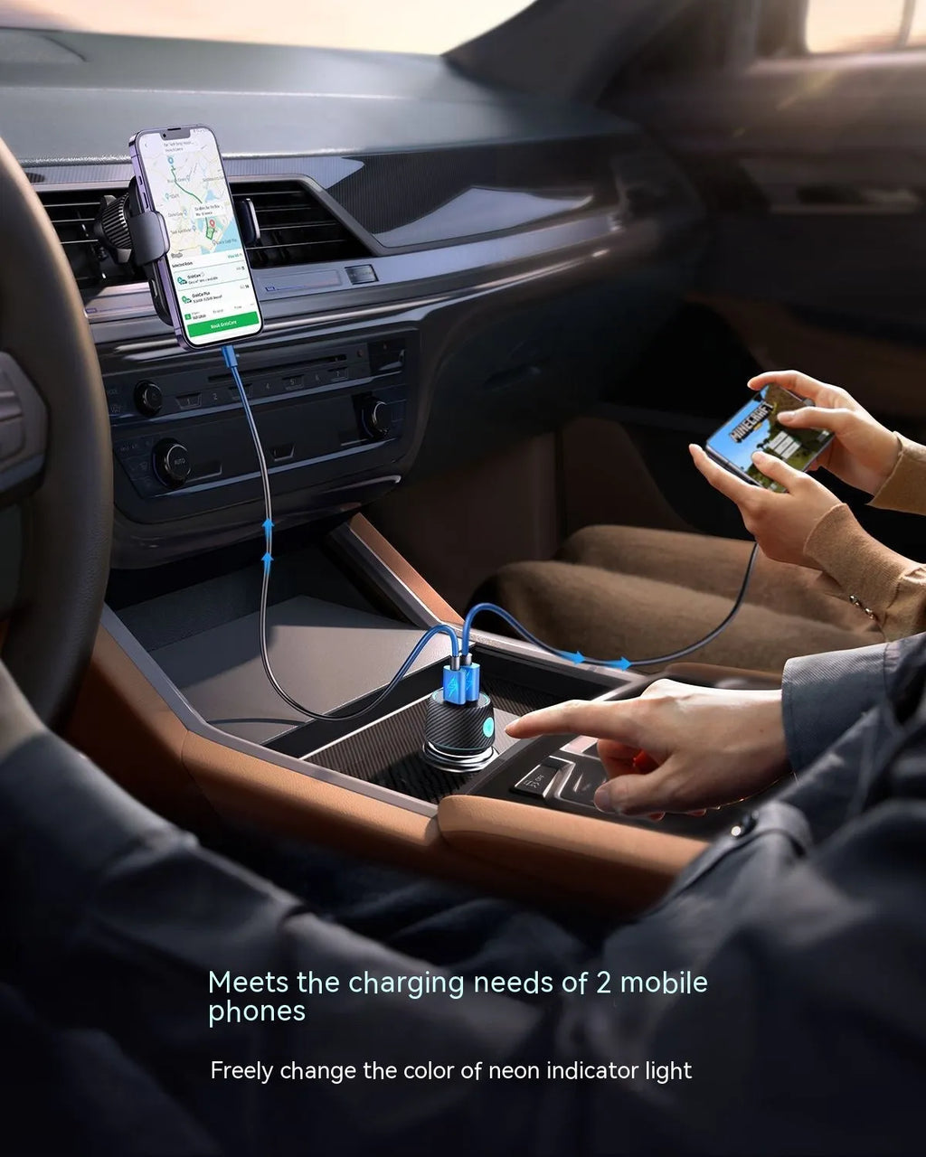 60W dual port button car charger with seven colour ambient light and PD3.0 QC3.0 support