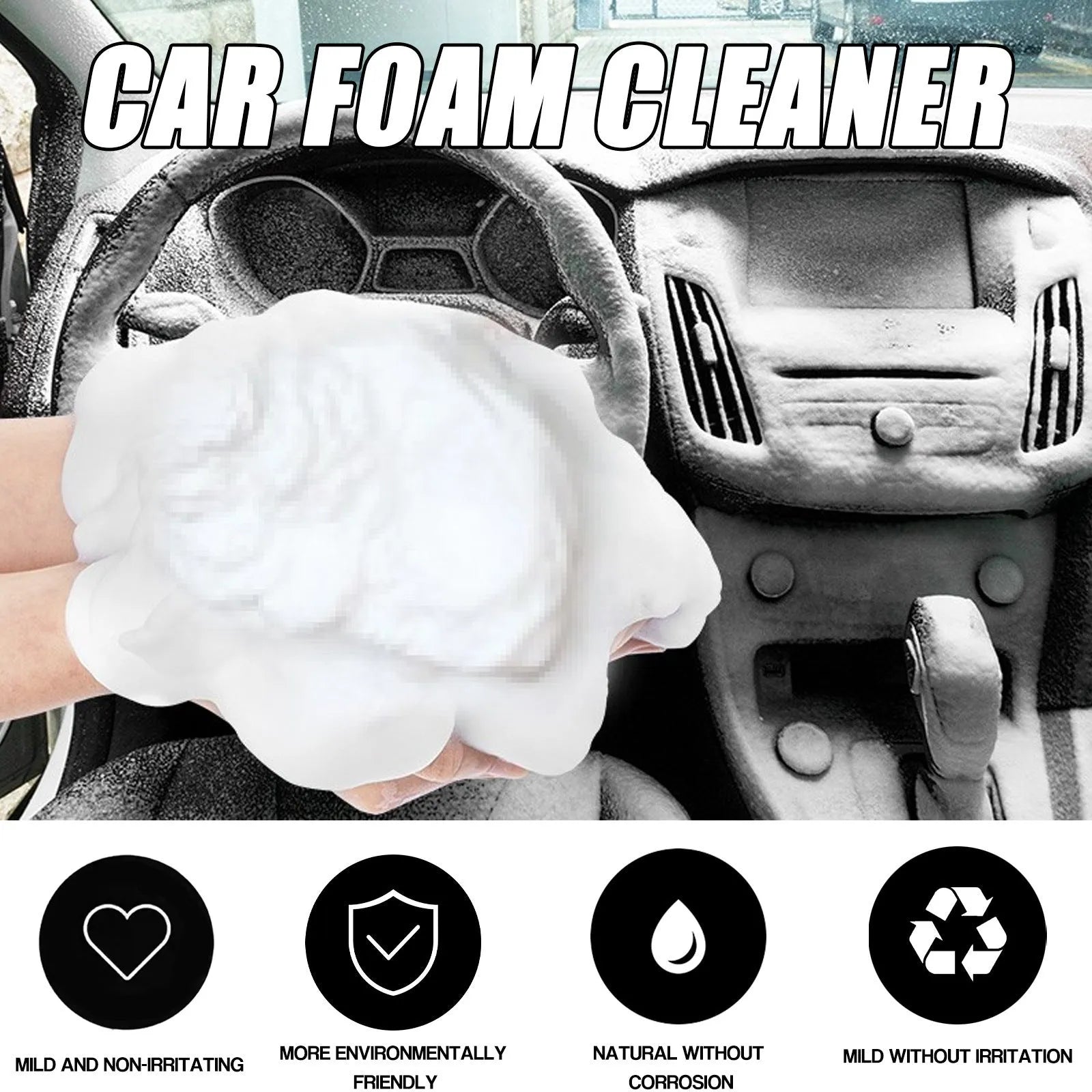 Car interior foamed cleaner bottle and sponge applicator for wash-free upholstery cleaning