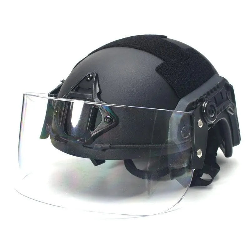 Transparent polycarbonate helmet face shield measuring 30x15cm with guide rail mounting system