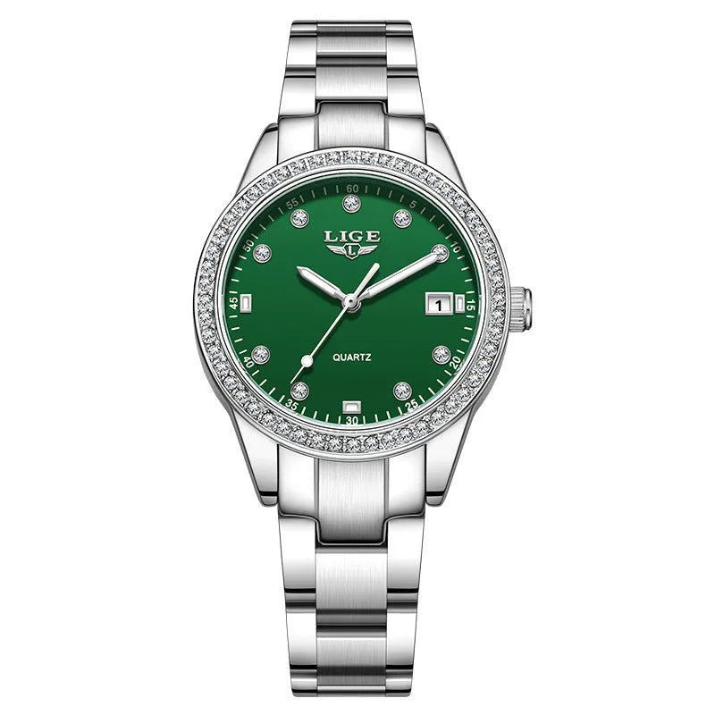 Silver stainless steel fashion watch with diamond markers and luminous hands on a round 34mm dial.