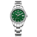 Silver fashion girl's watch with round diamond-encrusted bezel, luminous hands on a 34mm dial.