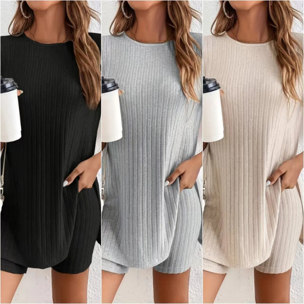 Women's ribbed cotton short sleeve top and shorts set in black, grey or khaki