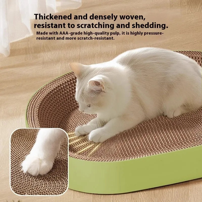 Green oval corrugated paper cat scratch board and nest bed, 55cm diameter