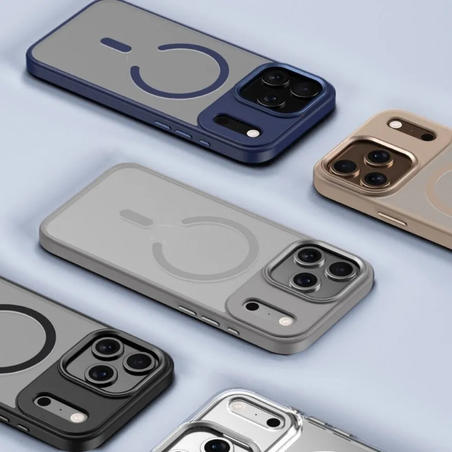 Magnetic frosted matte phone case for iPhone 17 Pro Max shown in Desert Gold colour.